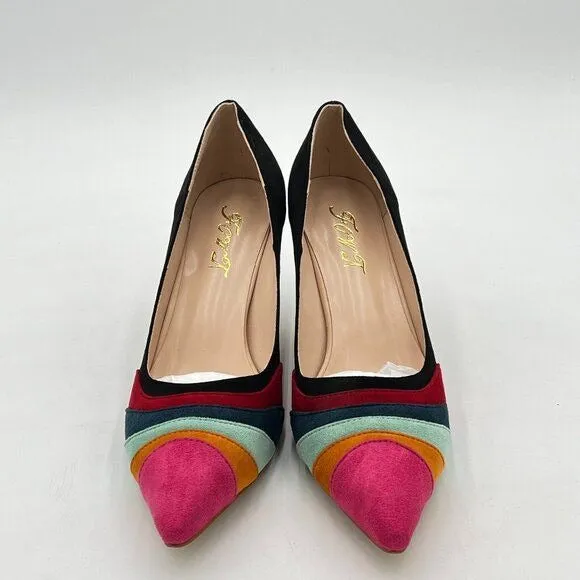FOWT Black Mid Heel Pointed Toe Pump Slip-on Rainbow Pump Shoes for Dress Party