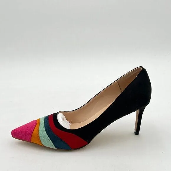 FOWT Black Mid Heel Pointed Toe Pump Slip-on Rainbow Pump Shoes for Dress Party