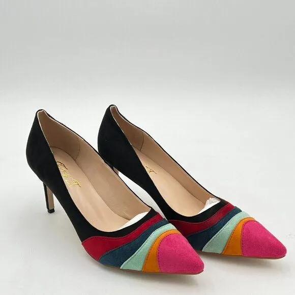 FOWT Black Mid Heel Pointed Toe Pump Slip-on Rainbow Pump Shoes for Dress Party