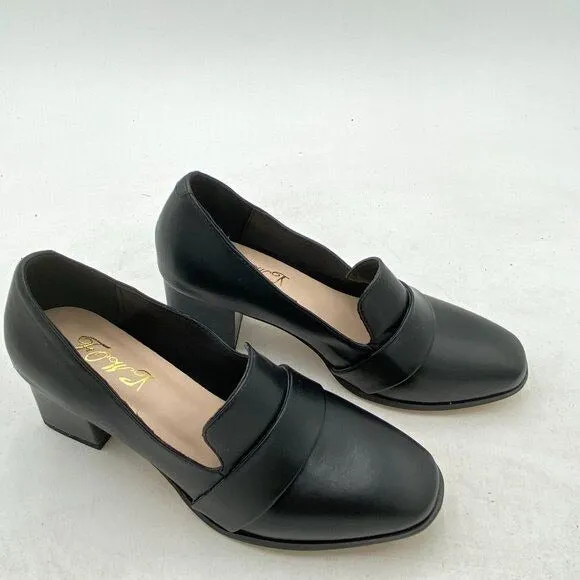 FOWT Black Women's Loafer Slip On Round Toe Block Heels Pumps Comfort Shoes
