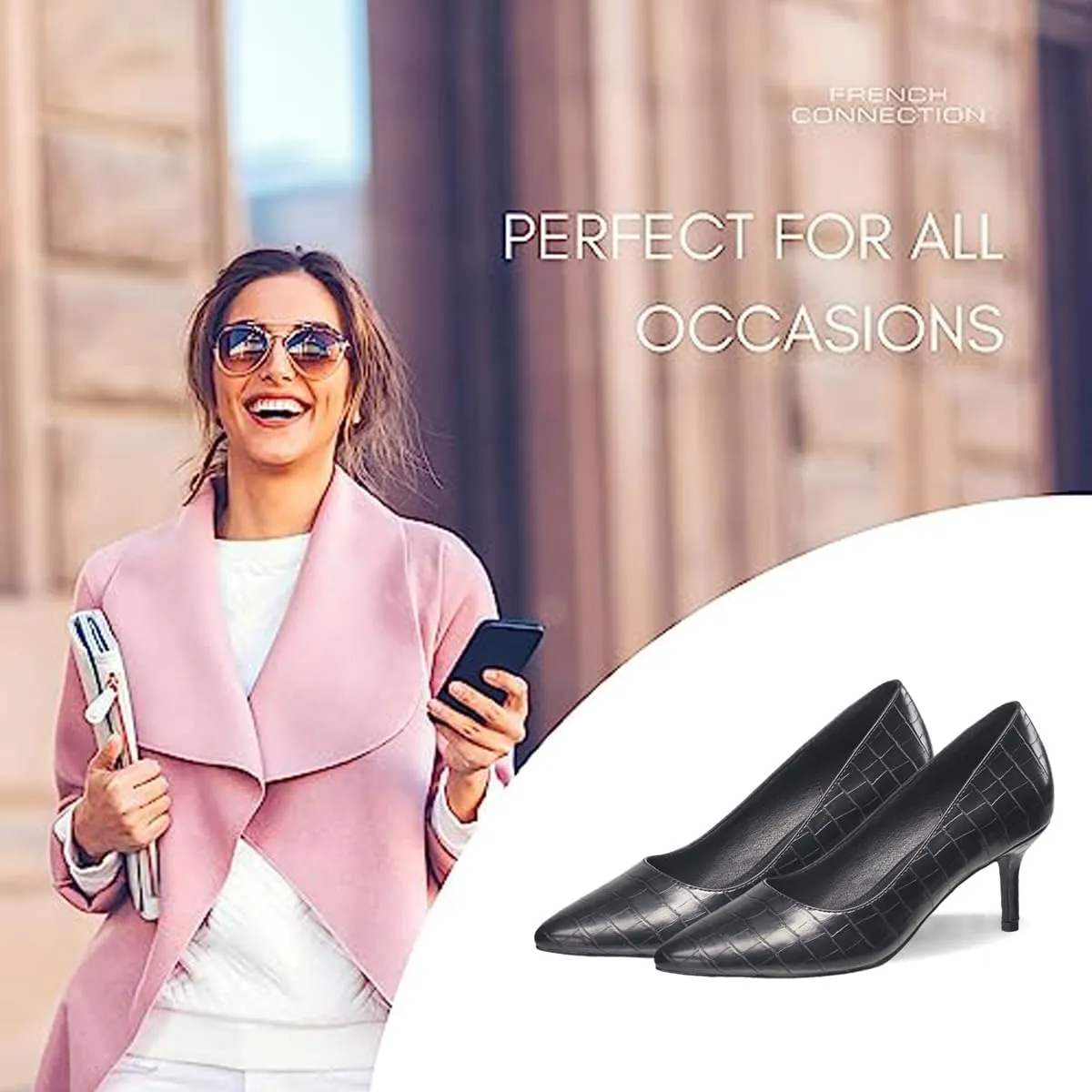 French Connection Kitten Heel Pumps for Women Closed Pointy Toe Slip-On Fashion Work Office Dress Shoes for Women