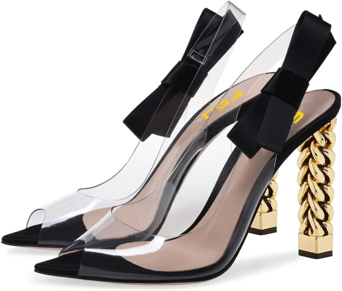 FSJ Women Golden Block High Heel Clear Pump Pointed Toe Slip On Fashion Dress Party Evening Ladies Shoes