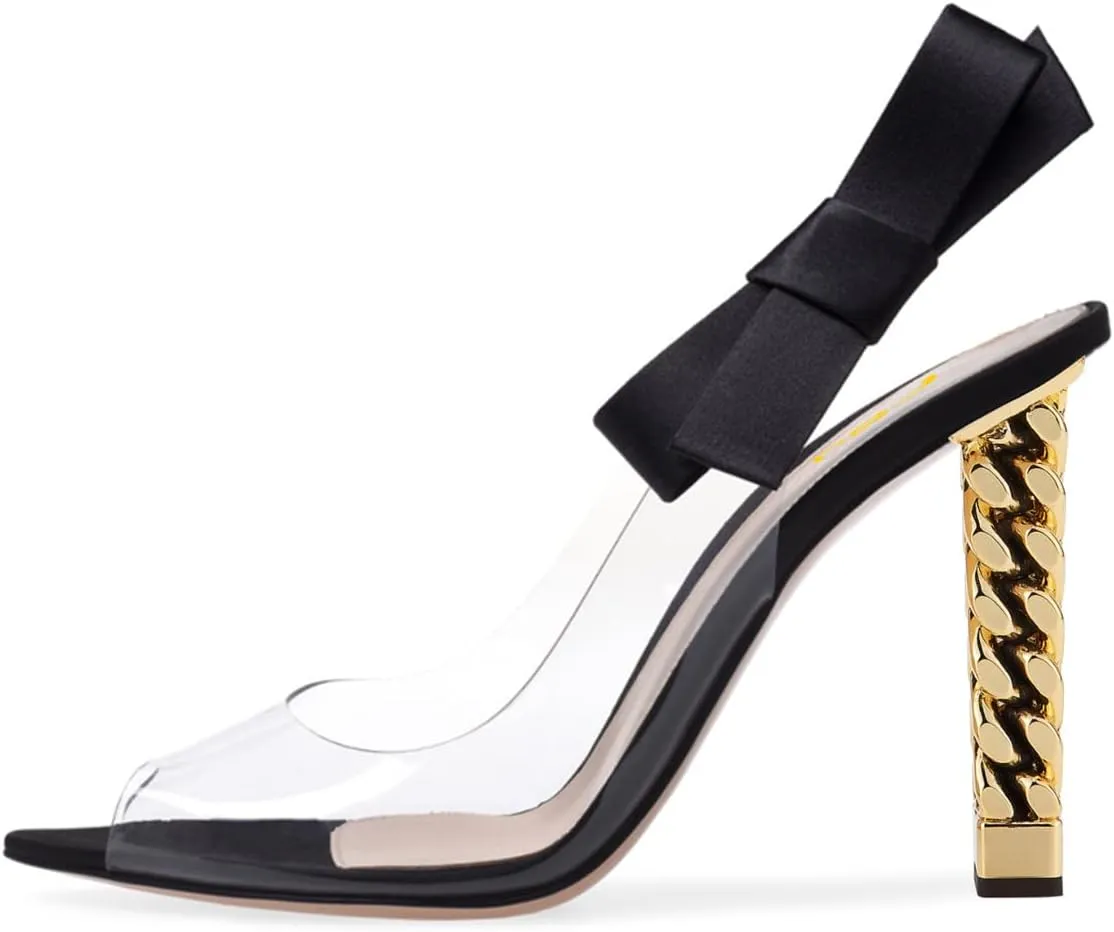 FSJ Women Golden Block High Heel Clear Pump Pointed Toe Slip On Fashion Dress Party Evening Ladies Shoes