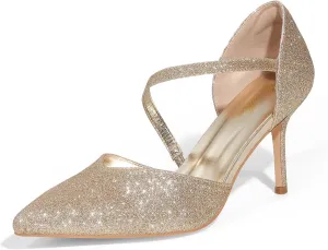 GENSHUO Women's 3.5 inches Closed Toe High Heels Stiletto Pointed Toe with Pearl Strappy Dress Wedding Party Pumps Shoes