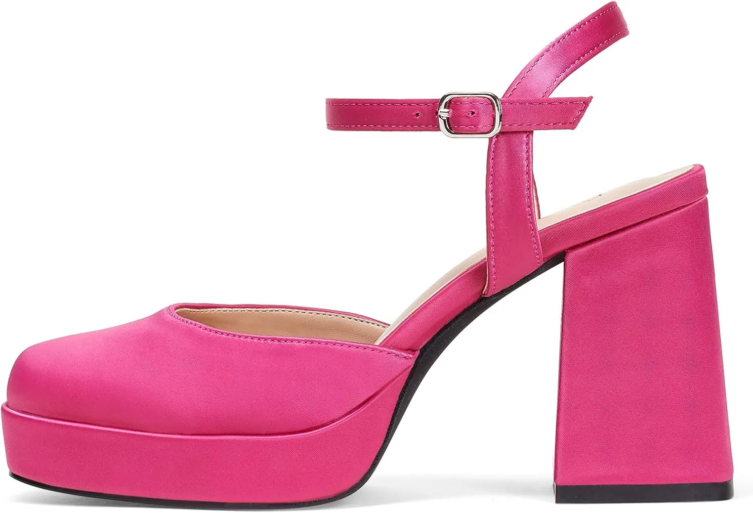 GENSHUO Women's Platform Chunky Heel Pumps - 4 Inches Closed Square Toe Heels with Ankle Strap Dress Wedding Party Shoes