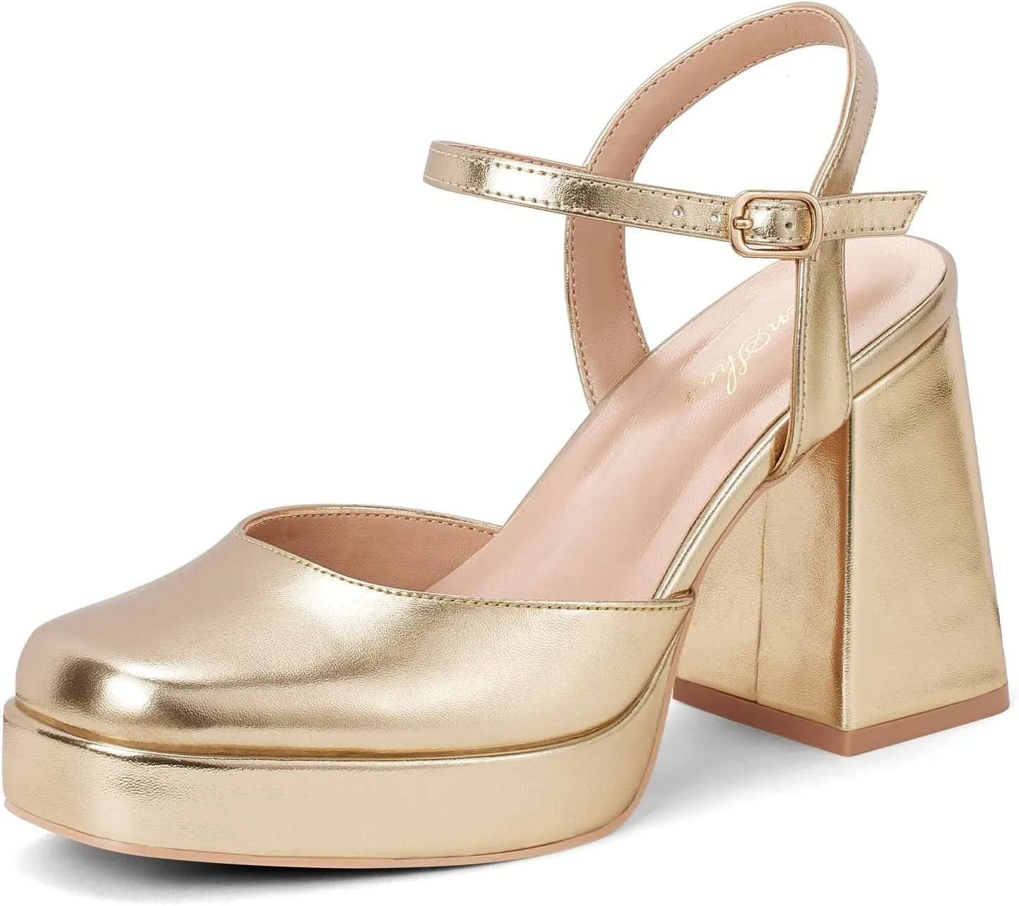 GENSHUO Women's Platform Chunky Heel Pumps - 4 Inches Closed Square Toe Heels with Ankle Strap Dress Wedding Party Shoes