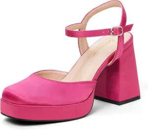 GENSHUO Women's Platform Chunky Heel Pumps - 4 Inches Closed Square Toe Heels with Ankle Strap Dress Wedding Party Shoes