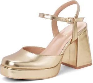 GENSHUO Women's Platform Chunky Heel Pumps - 4 Inches Closed Square Toe Heels with Ankle Strap Dress Wedding Party Shoes