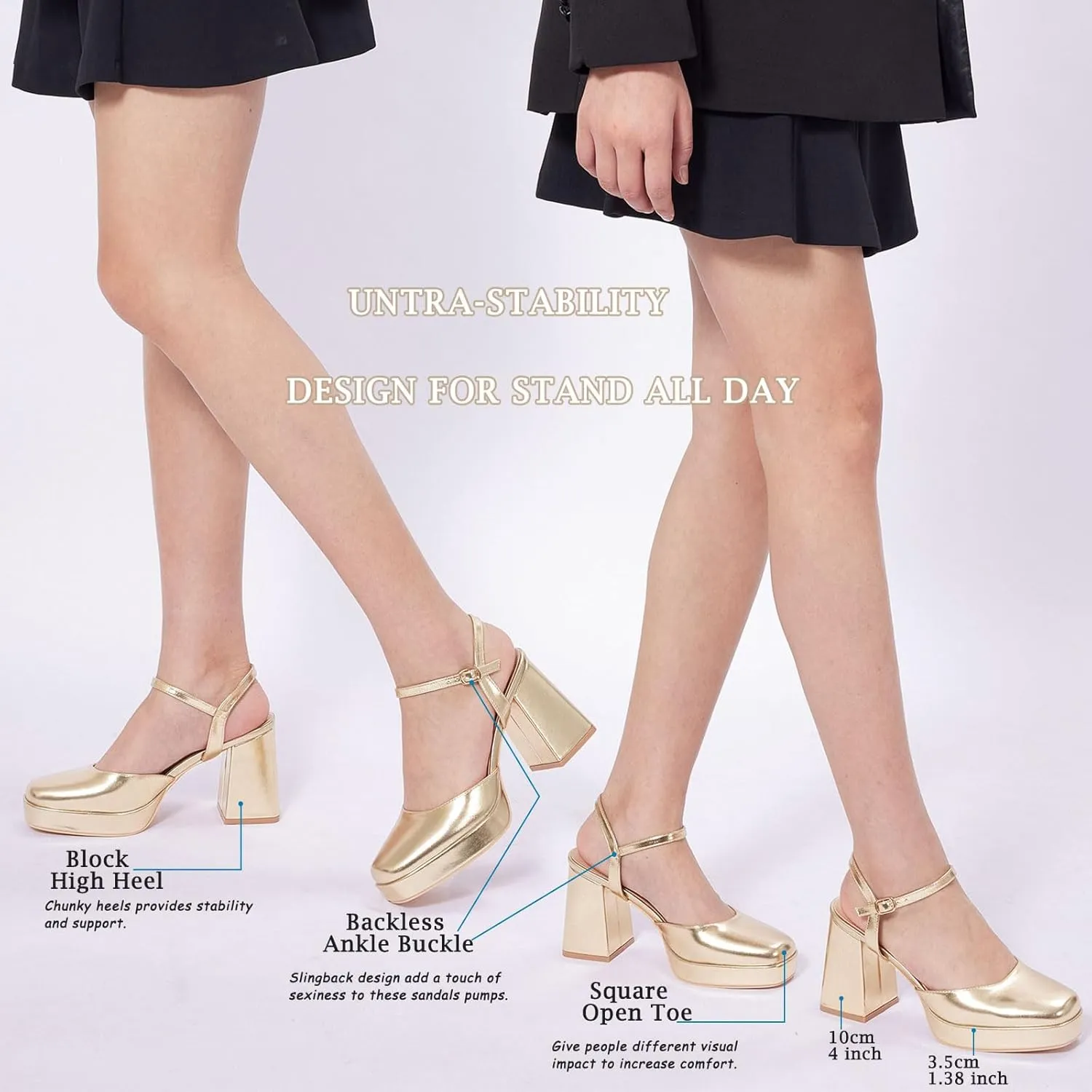 GENSHUO Women's Platform Chunky Heel Pumps - 4 Inches Closed Square Toe Heels with Ankle Strap Dress Wedding Party Shoes