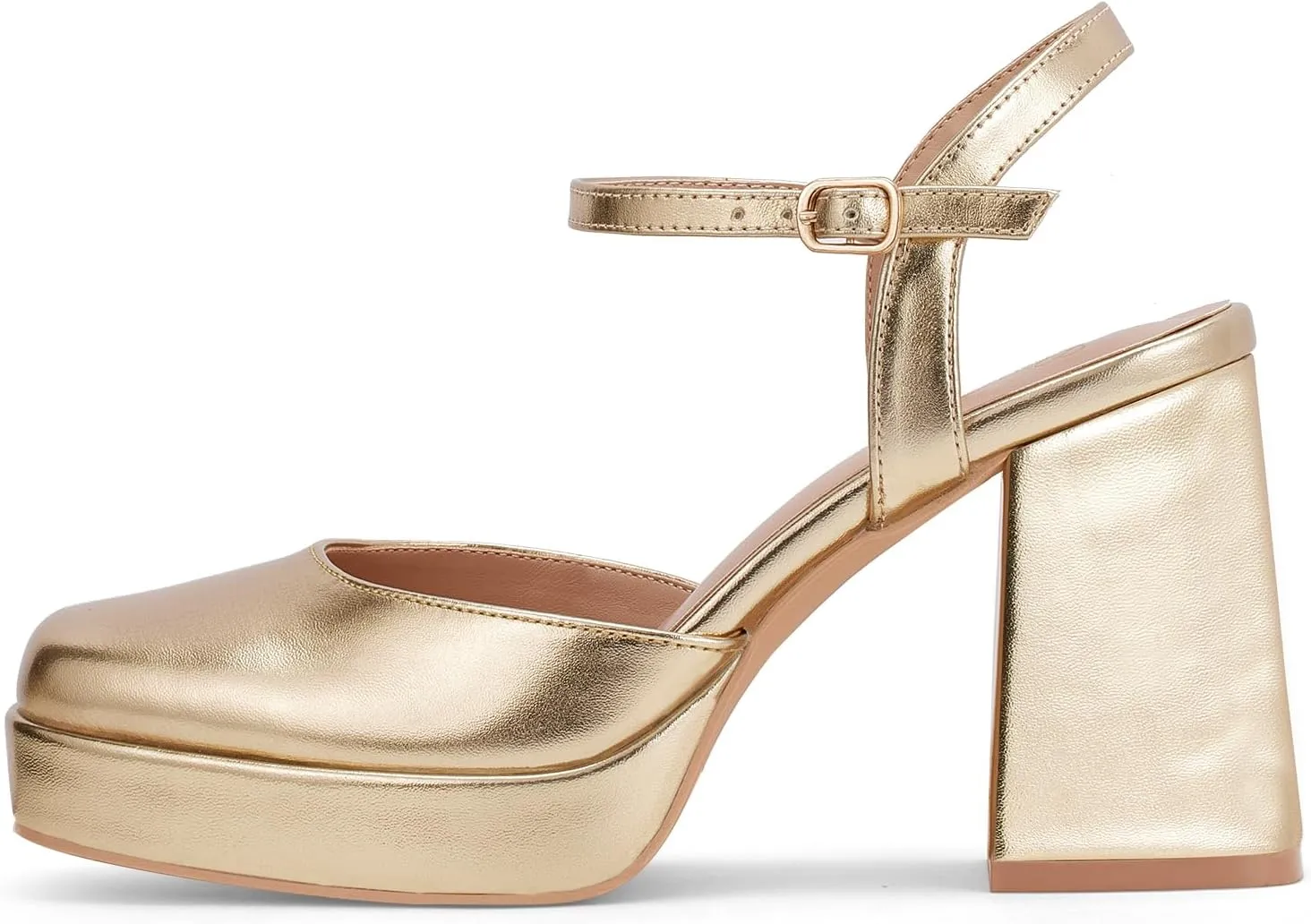 GENSHUO Women's Platform Chunky Heel Pumps - 4 Inches Closed Square Toe Heels with Ankle Strap Dress Wedding Party Shoes
