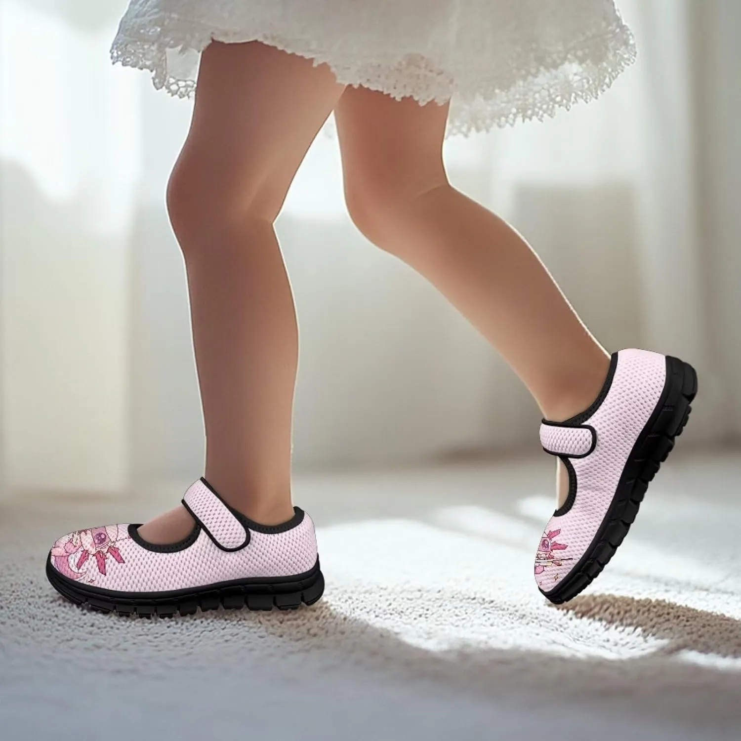 Girls Shoes with Black Sole,Girls Mesh Single Buckle Sneaker,Mary Jane Flats Shoes for Birthday Dance Party