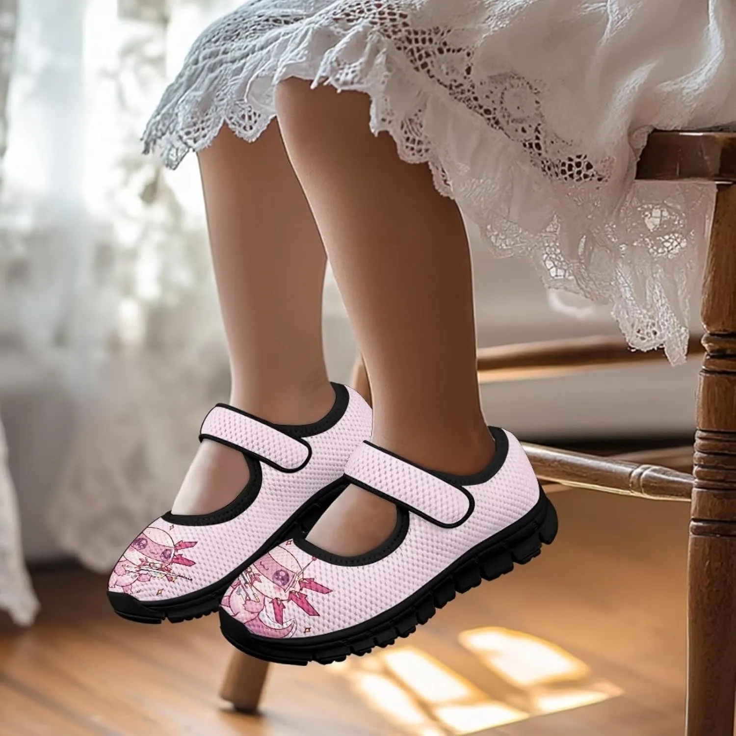Girls Shoes with Black Sole,Girls Mesh Single Buckle Sneaker,Mary Jane Flats Shoes for Birthday Dance Party