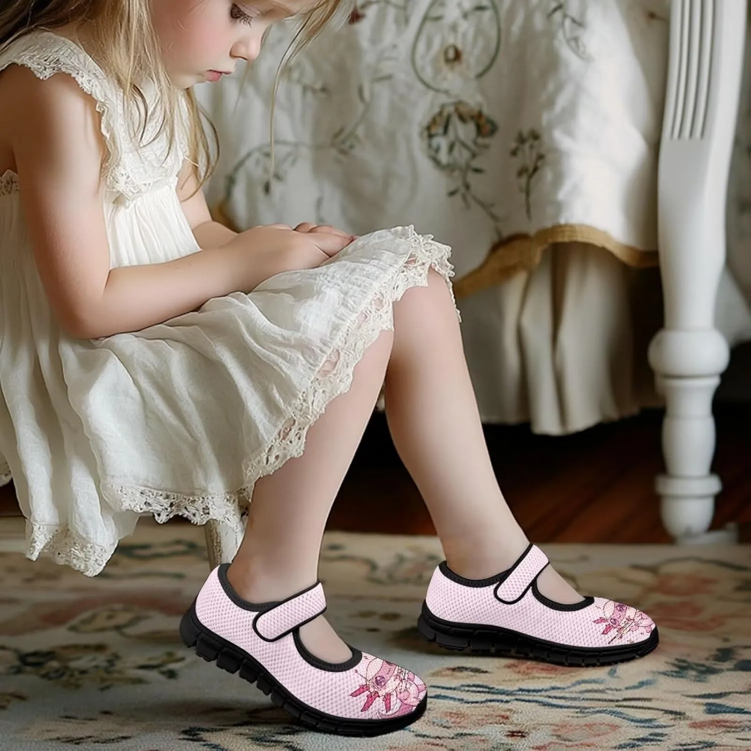 Girls Shoes with Black Sole,Girls Mesh Single Buckle Sneaker,Mary Jane Flats Shoes for Birthday Dance Party