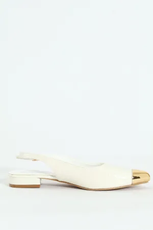 Gold Toe Cap Pointy Croc Slingback Pump - White