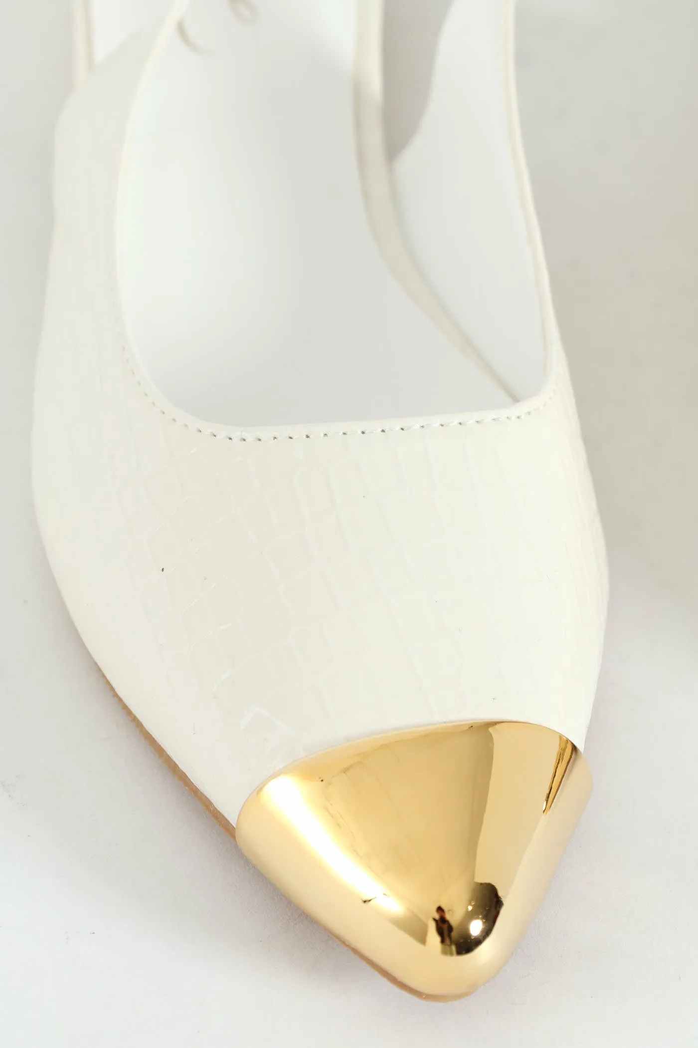 Gold Toe Cap Pointy Croc Slingback Pump - White
