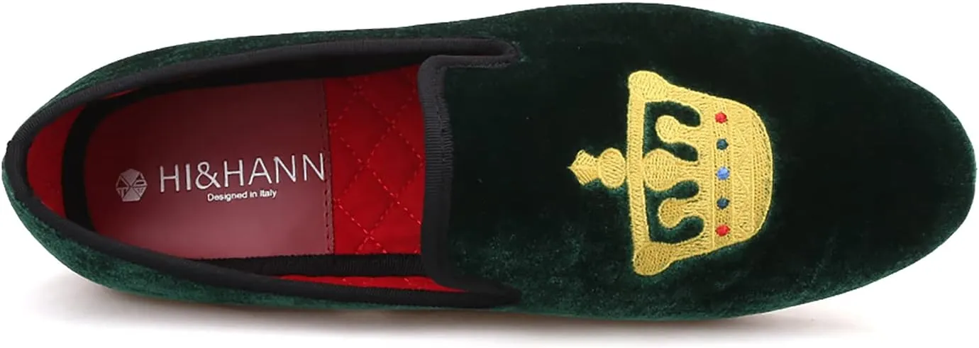 HI&HANN Men's Embroidered Velvet Loafer Shoes Slip-on Loafer Round Toes Smoking Slipper