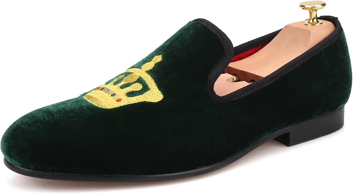 HI&HANN Men's Embroidered Velvet Loafer Shoes Slip-on Loafer Round Toes Smoking Slipper