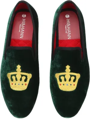 HI&HANN Men's Embroidered Velvet Loafer Shoes Slip-on Loafer Round Toes Smoking Slipper