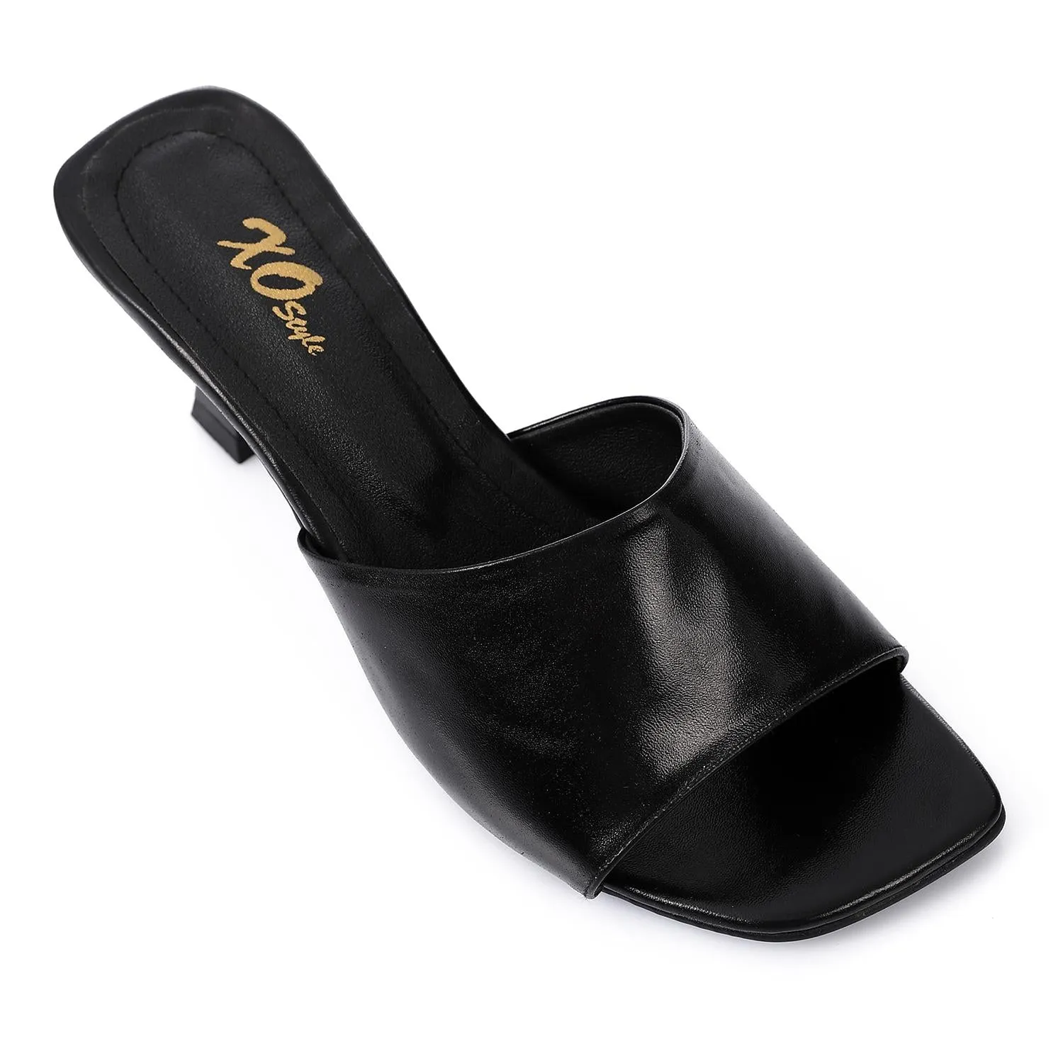 High Heel Mule Sandals – Square Open Toe, Faux Leather, Slip-On Design