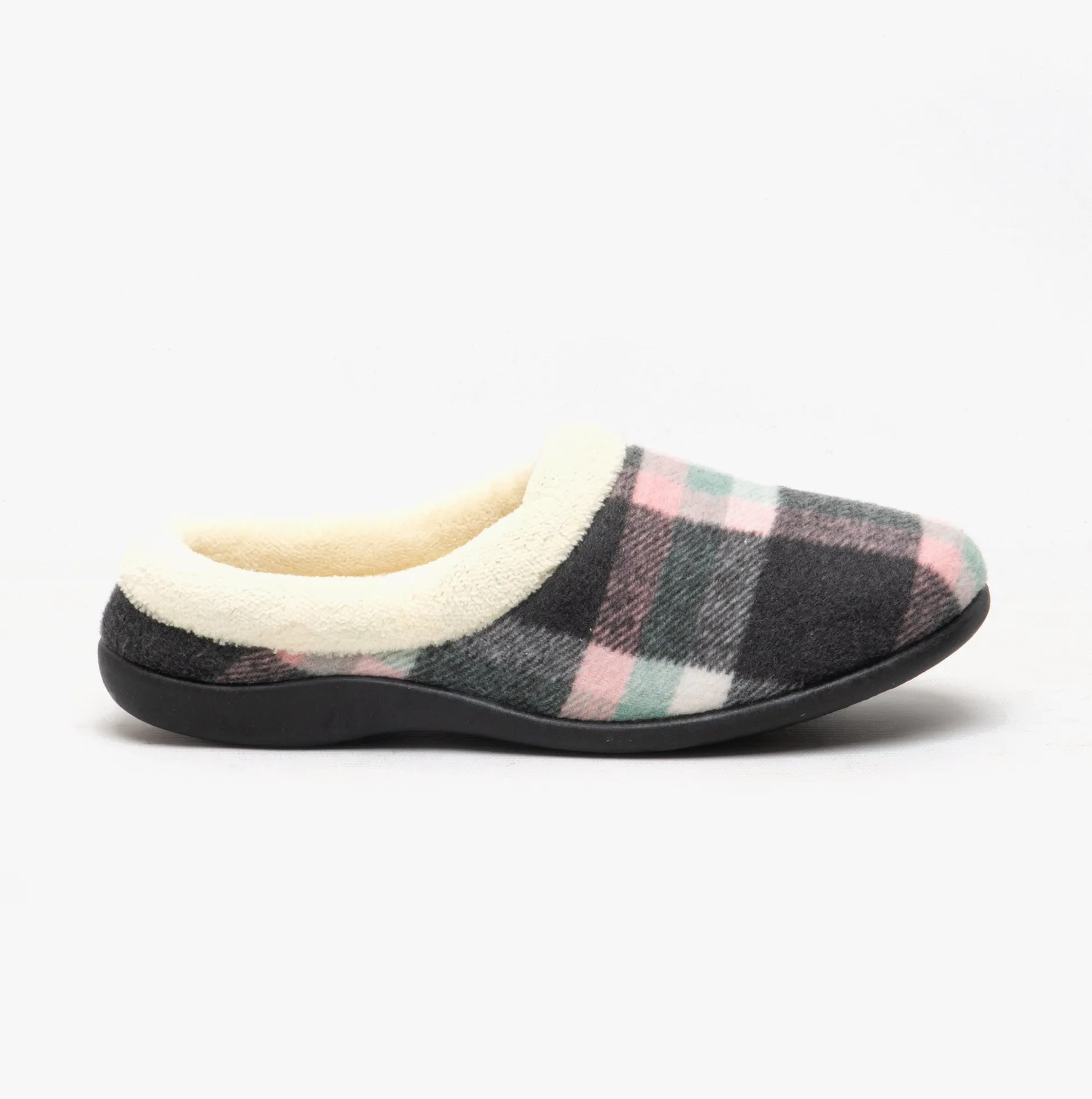 HOS Comfort SOPHIE Womens Teddy Lined Checked Mules Grey