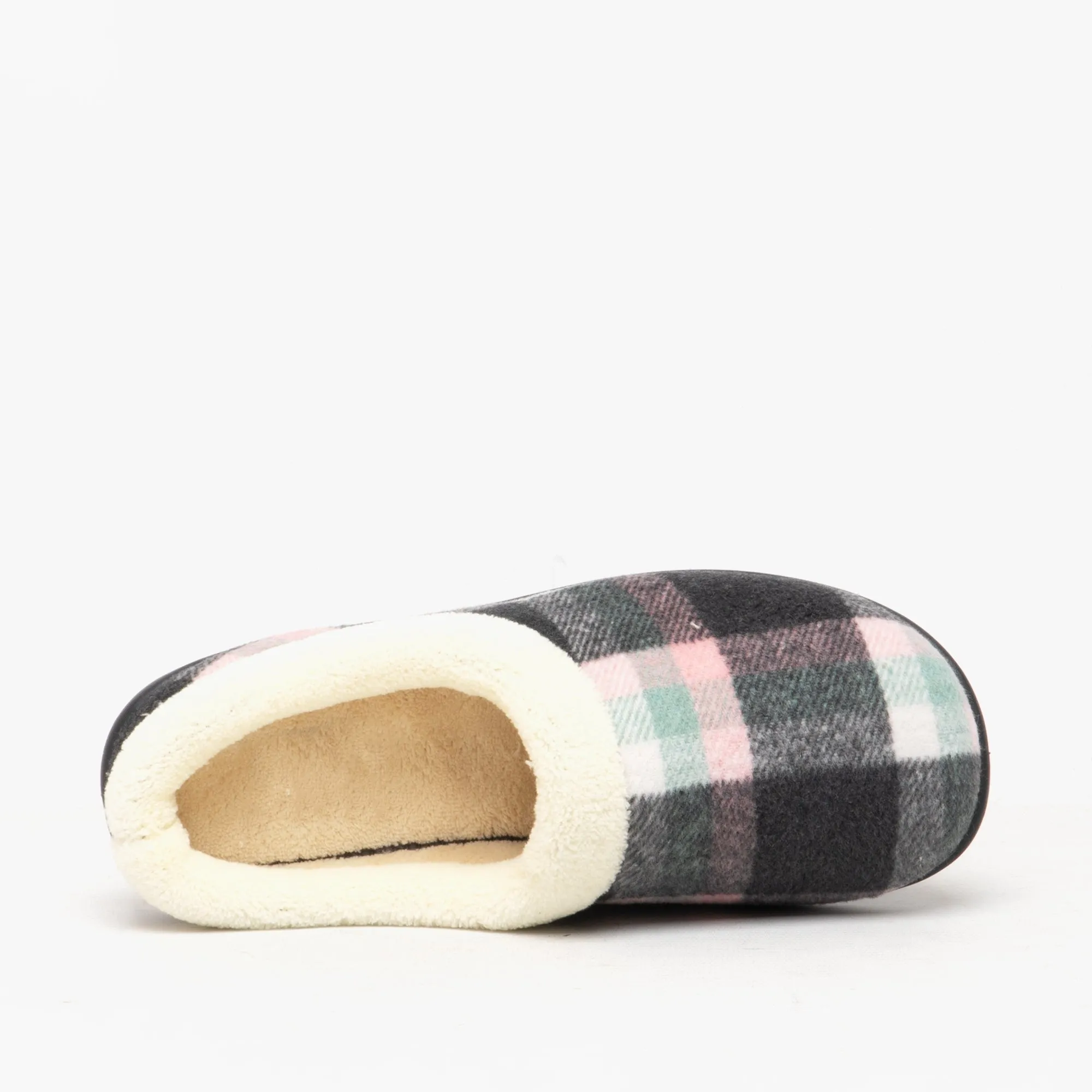 HOS Comfort SOPHIE Womens Teddy Lined Checked Mules Grey
