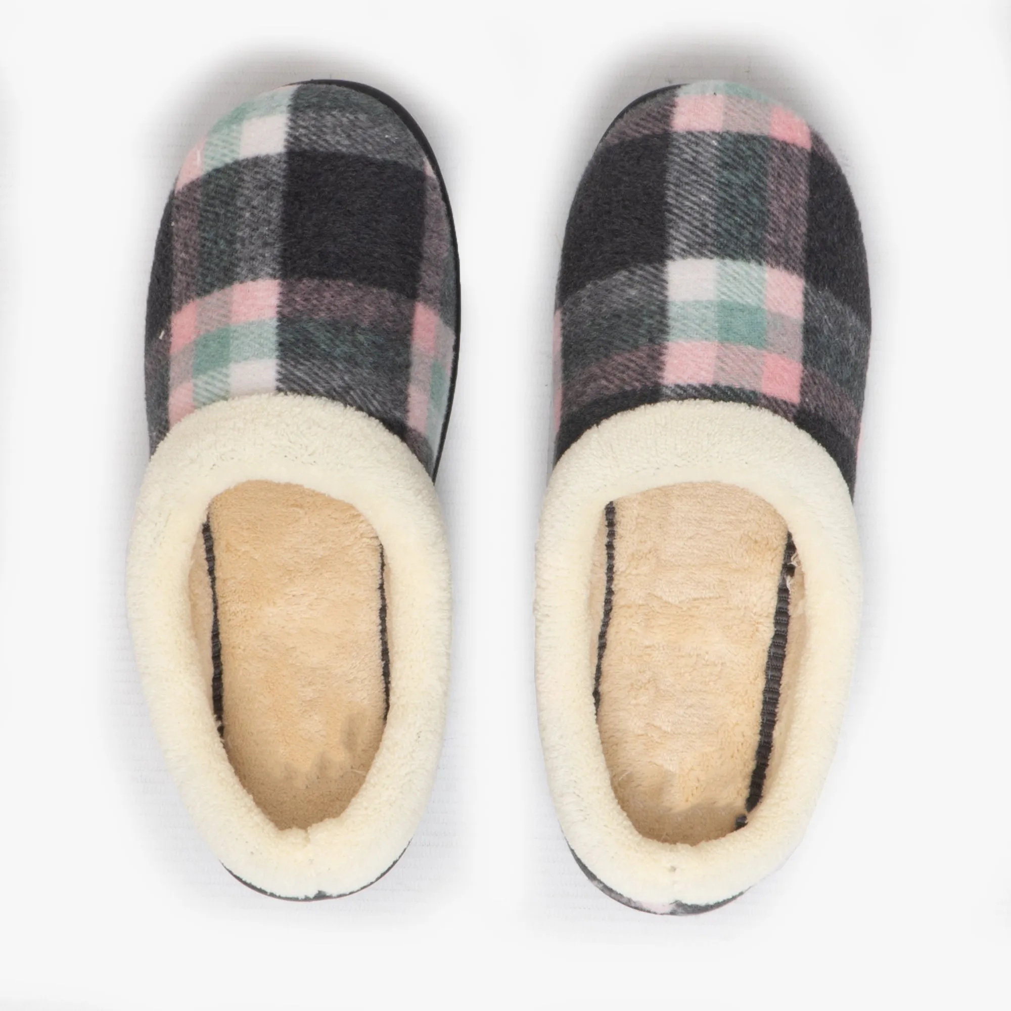 HOS Comfort SOPHIE Womens Teddy Lined Checked Mules Grey