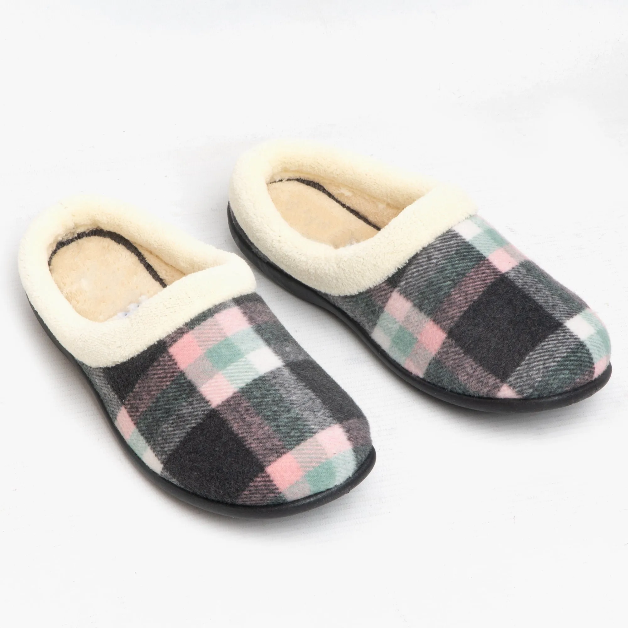 HOS Comfort SOPHIE Womens Teddy Lined Checked Mules Grey