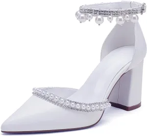 Hyinlays Women's Chunky Block Heels Open Toe Pump Heels with Pearls Ankle Strap Wedding Sandals Evening Party Dress Shoes