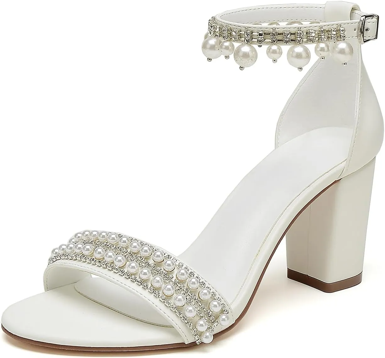 Hyinlays Women's Chunky Block Heels Open Toe Pump Heels with Pearls Ankle Strap Wedding Sandals Evening Party Dress Shoes