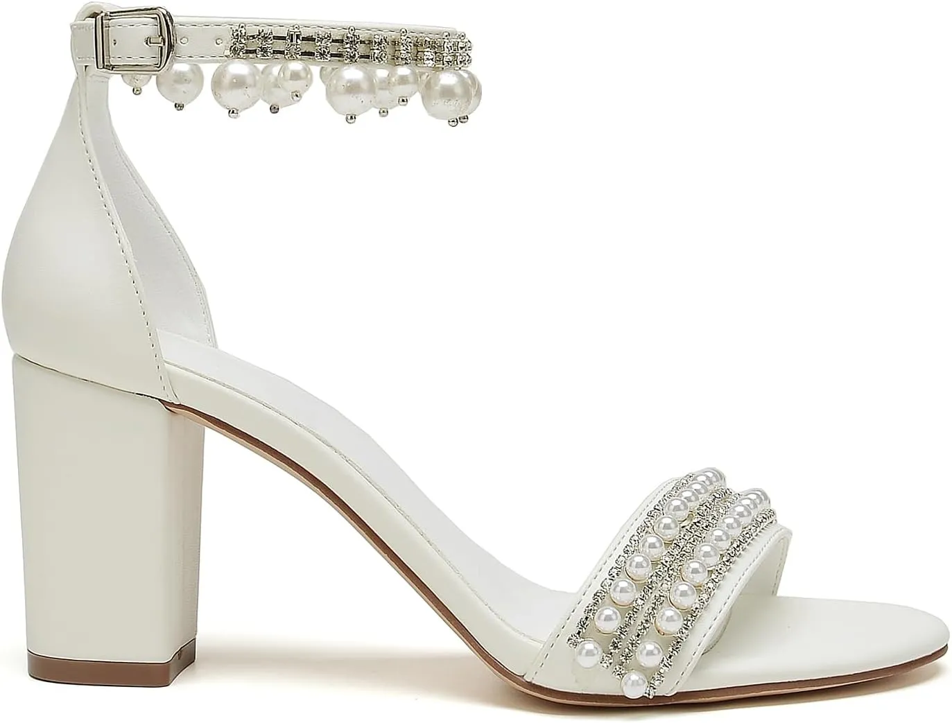 Hyinlays Women's Chunky Block Heels Open Toe Pump Heels with Pearls Ankle Strap Wedding Sandals Evening Party Dress Shoes