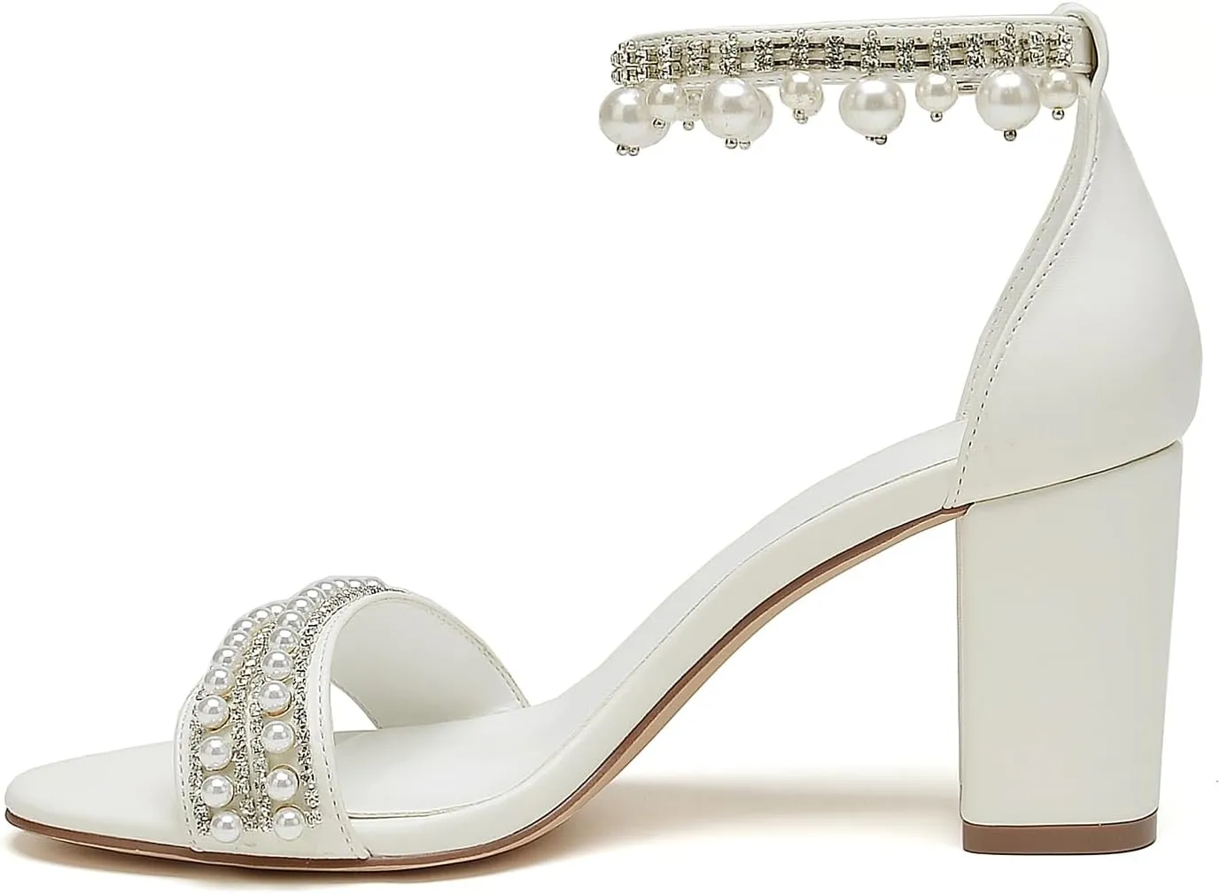 Hyinlays Women's Chunky Block Heels Open Toe Pump Heels with Pearls Ankle Strap Wedding Sandals Evening Party Dress Shoes