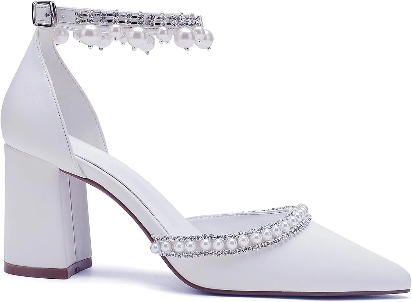 Hyinlays Women's Chunky Block Heels Open Toe Pump Heels with Pearls Ankle Strap Wedding Sandals Evening Party Dress Shoes