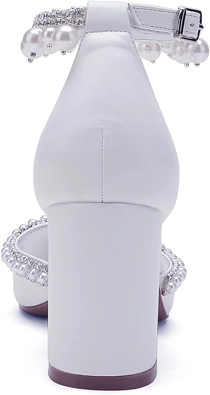 Hyinlays Women's Chunky Block Heels Open Toe Pump Heels with Pearls Ankle Strap Wedding Sandals Evening Party Dress Shoes