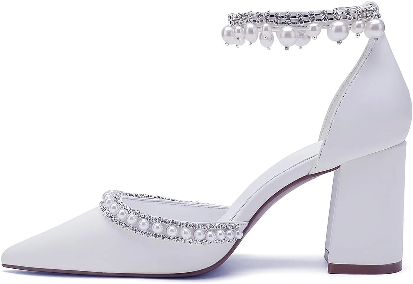 Hyinlays Women's Chunky Block Heels Open Toe Pump Heels with Pearls Ankle Strap Wedding Sandals Evening Party Dress Shoes