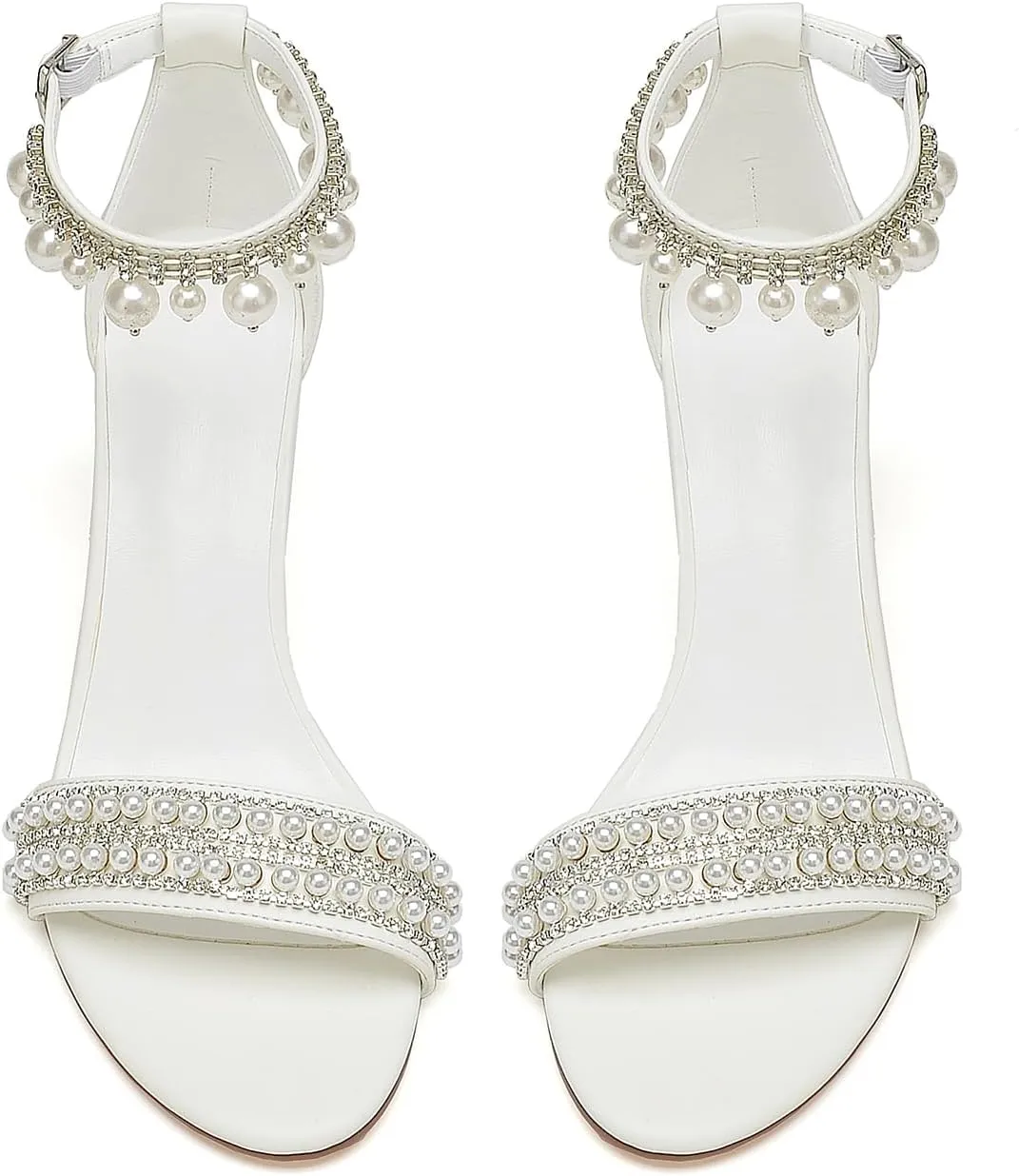 Hyinlays Women's Chunky Block Heels Open Toe Pump Heels with Pearls Ankle Strap Wedding Sandals Evening Party Dress Shoes