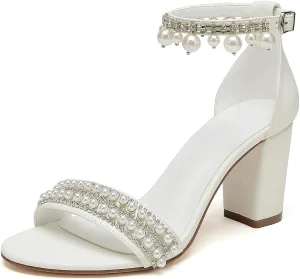 Hyinlays Women's Chunky Block Heels Open Toe Pump Heels with Pearls Ankle Strap Wedding Sandals Evening Party Dress Shoes