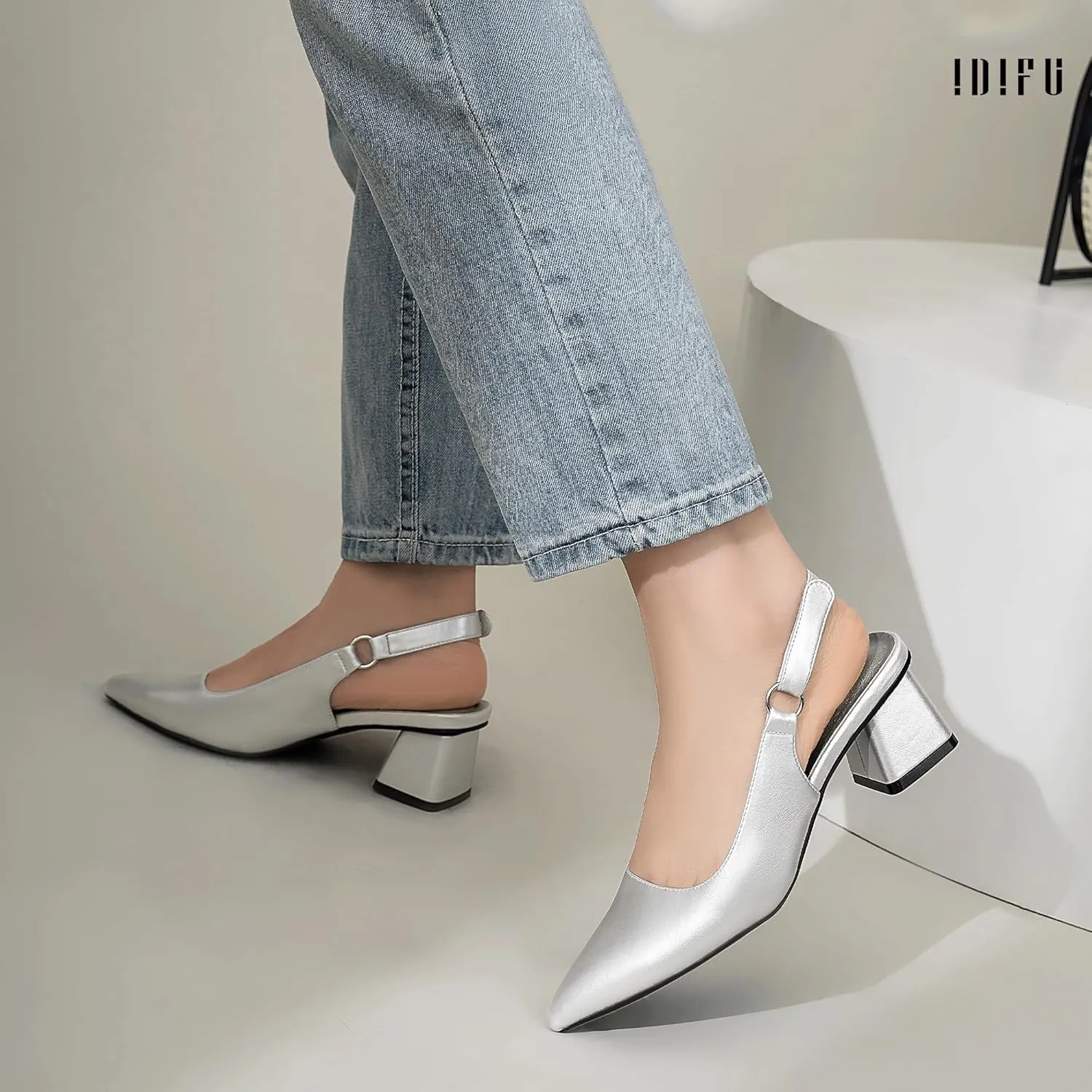 IDIFU IN2 Slingback Closed Toe Heels Chunky Low Block Short Heels Women's Pumps Hook and Loop Pointed Toe Wedding Bride Prom Dress Shoes for Women Dressy Comfortable Cute Small Thick Pumps Shoes