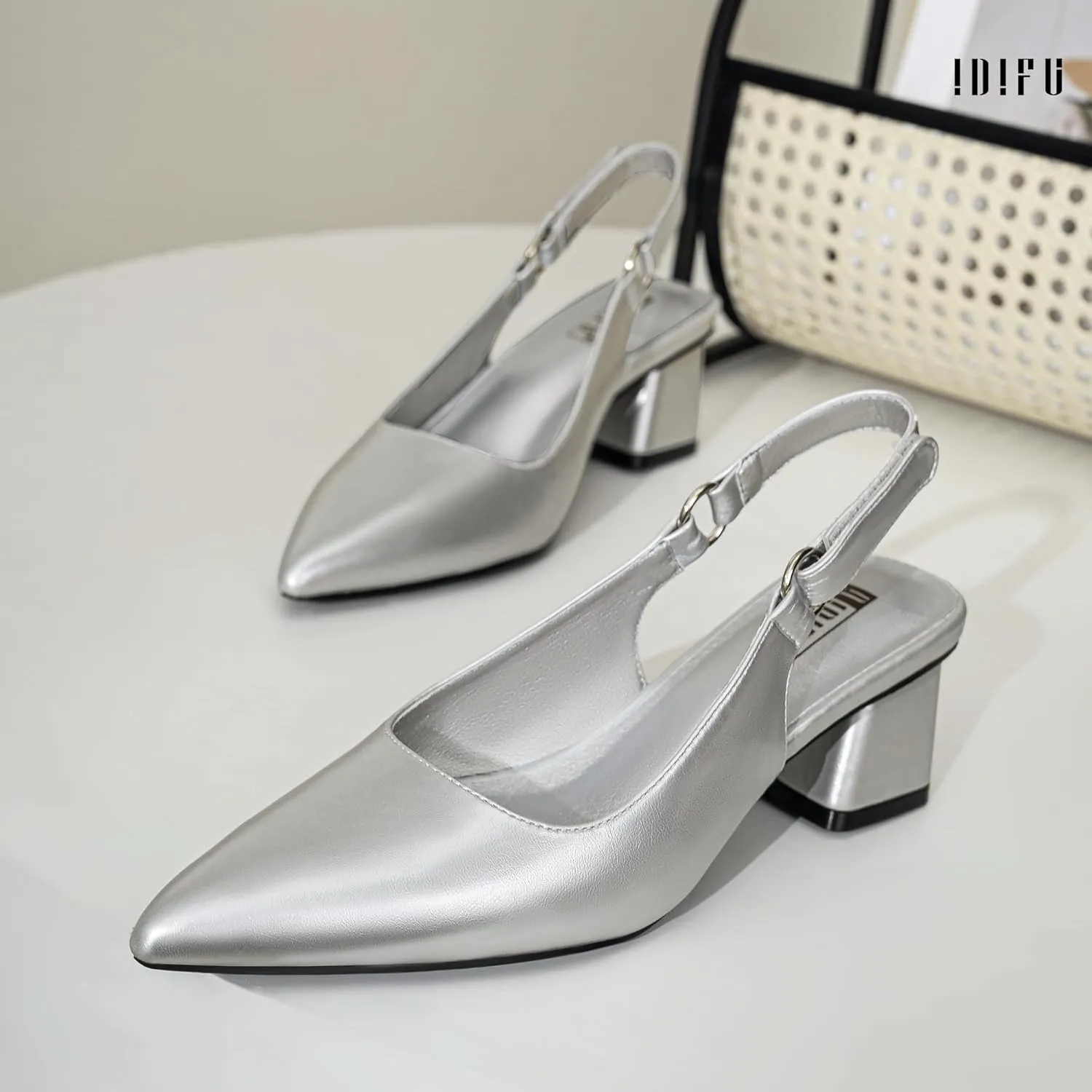 IDIFU IN2 Slingback Closed Toe Heels Chunky Low Block Short Heels Women's Pumps Hook and Loop Pointed Toe Wedding Bride Prom Dress Shoes for Women Dressy Comfortable Cute Small Thick Pumps Shoes