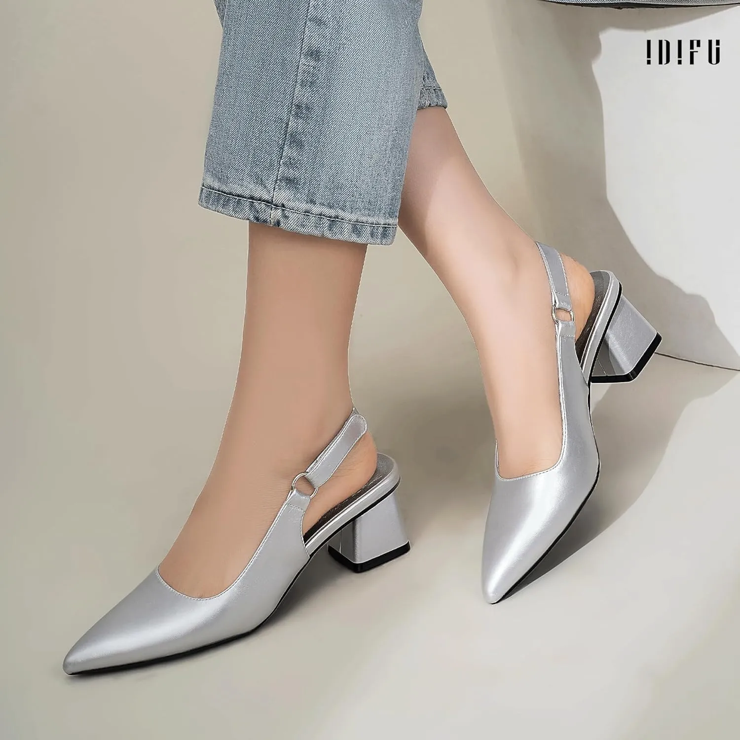 IDIFU IN2 Slingback Closed Toe Heels Chunky Low Block Short Heels Women's Pumps Hook and Loop Pointed Toe Wedding Bride Prom Dress Shoes for Women Dressy Comfortable Cute Small Thick Pumps Shoes