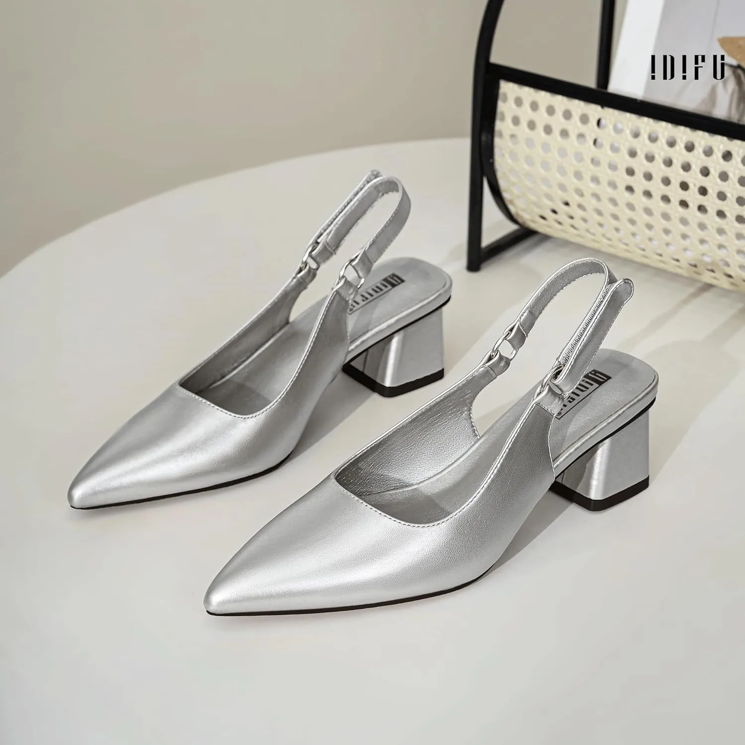 IDIFU IN2 Slingback Closed Toe Heels Chunky Low Block Short Heels Women's Pumps Hook and Loop Pointed Toe Wedding Bride Prom Dress Shoes for Women Dressy Comfortable Cute Small Thick Pumps Shoes