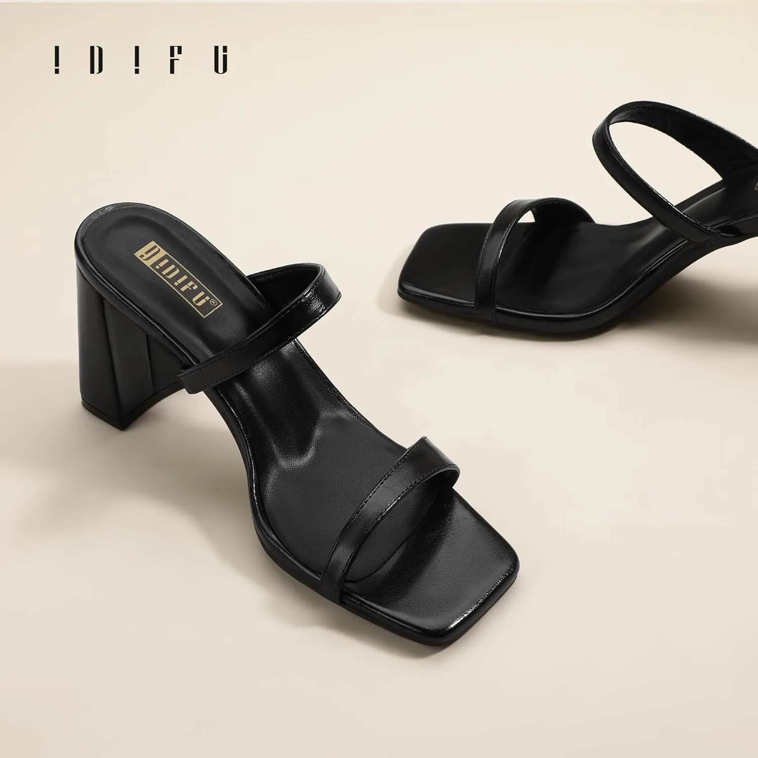 IDIFU IN3 Chunky Block Heels for Women Square Open Toe Heels Comfortable Sexy Summer Cute Trendy Slides Heeled Sandals Prom Wedding Party Dress Shoes for Women Two Strap Slip On Mules Low Short Heels