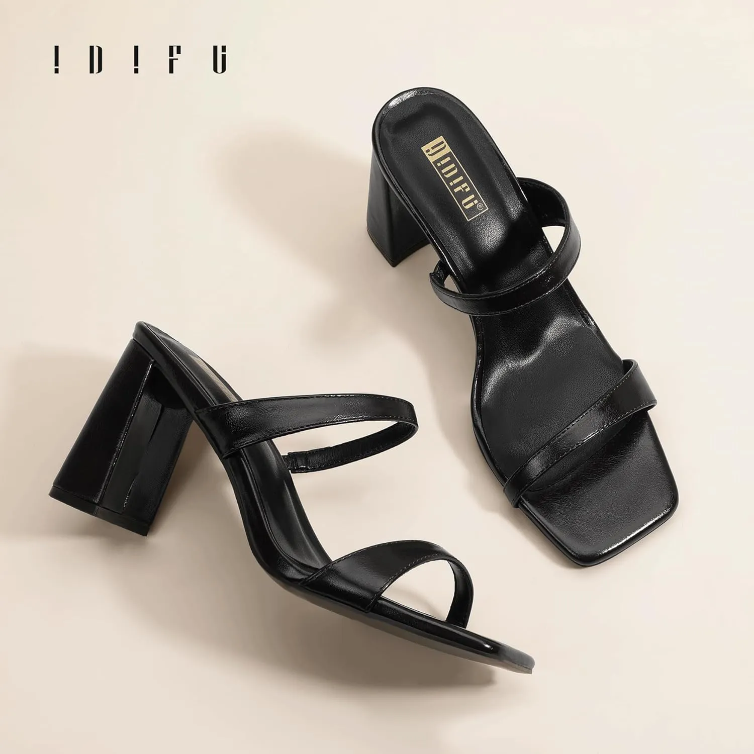 IDIFU IN3 Chunky Block Heels for Women Square Open Toe Heels Comfortable Sexy Summer Cute Trendy Slides Heeled Sandals Prom Wedding Party Dress Shoes for Women Two Strap Slip On Mules Low Short Heels