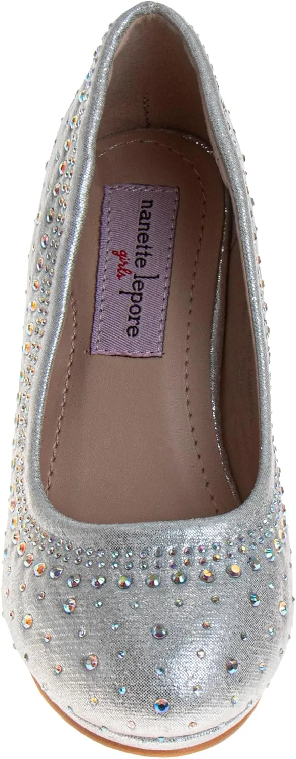 JOSMO Girls Dress Pump - Medium Heeled Bejeweled Dress Shoe - Silver (11-4 Little Kid-Big Kid)