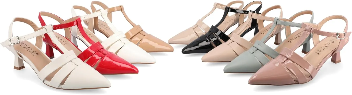 Journee Pointed Toe Kitten Heel Strappy Buckle Ankle Strap Pump for Women - Jazlynn Slingback Fashion Shoe
