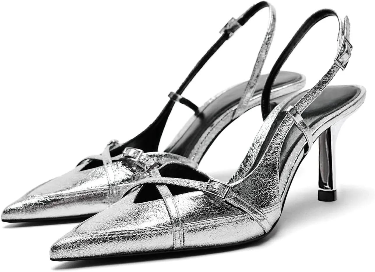 KaroNairy Kitten Heels for Women Pointed Toe Slingback Heels Closed Toe Wedding Dress Pumps with Buckles
