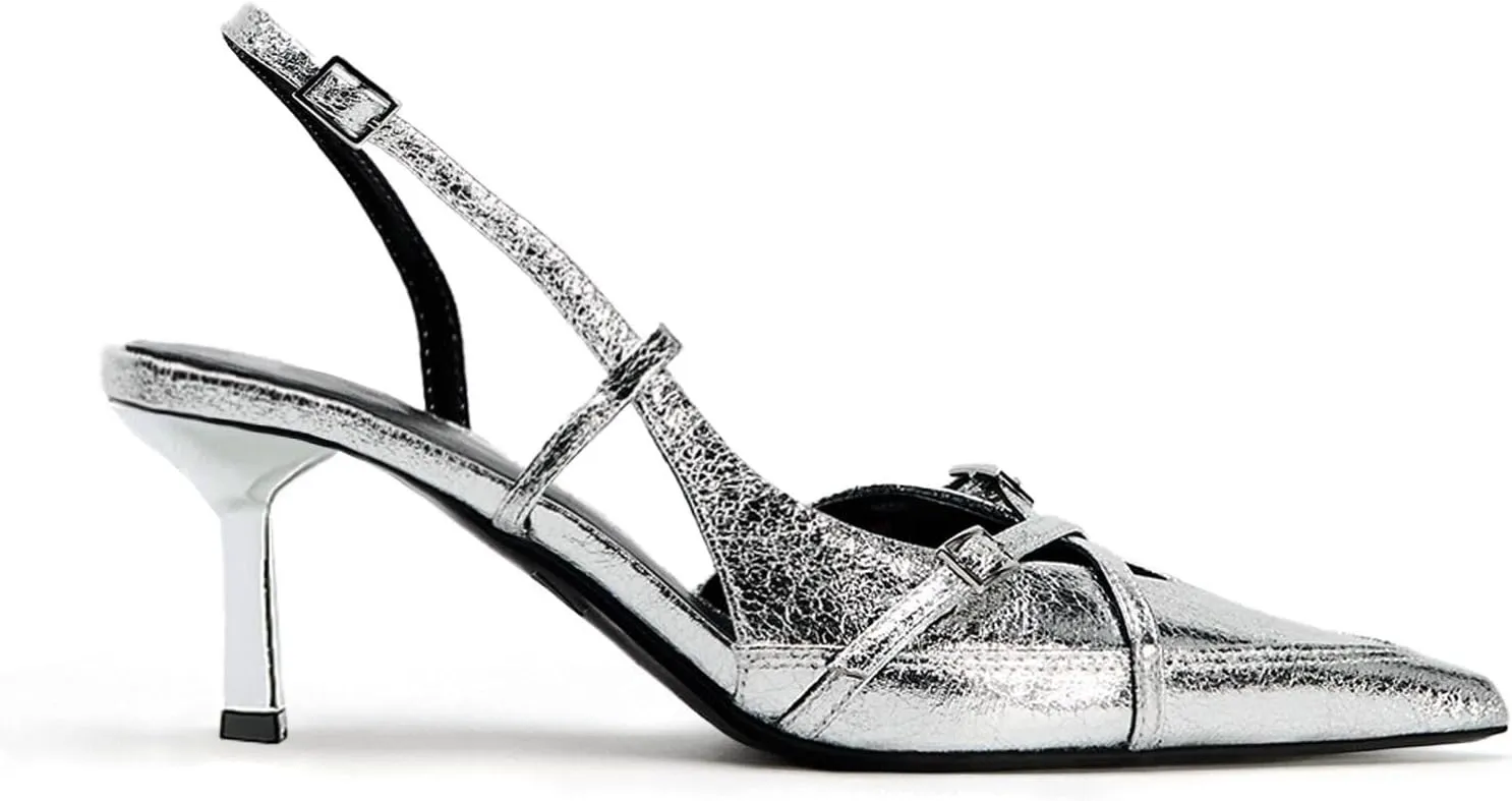 KaroNairy Kitten Heels for Women Pointed Toe Slingback Heels Closed Toe Wedding Dress Pumps with Buckles
