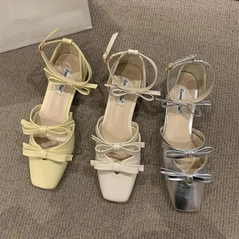 LBSFY  -  Butterfly Knot Square Toe Mule Shoes Thick Heels Shoes Female Shoes  Fashion Party Dress Sandals Woman Pumps New Mujer