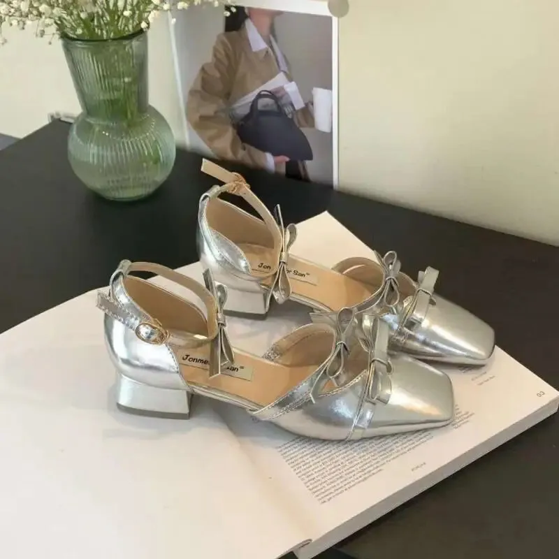LBSFY  -  Butterfly Knot Square Toe Mule Shoes Thick Heels Shoes Female Shoes  Fashion Party Dress Sandals Woman Pumps New Mujer