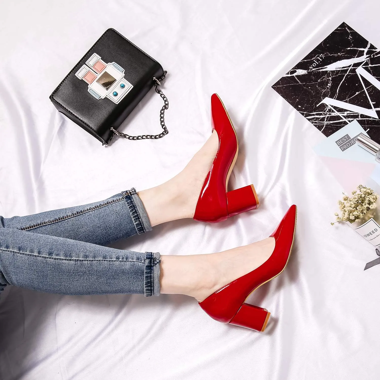 LEHOOR Women Pointed Toe Pumps Block Heel Closed Toe Sandals Mid Heel Casual Dress Shoes Classic Bridal Pumps Fashion