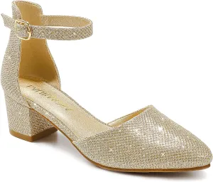 Little Girls Sandals Closed Toe High Heels Formal Dress Shoes Ankle Strap Pointed Toe Heeled for Little Big Kids in Wedding Party Block Chunky Pump Shoes